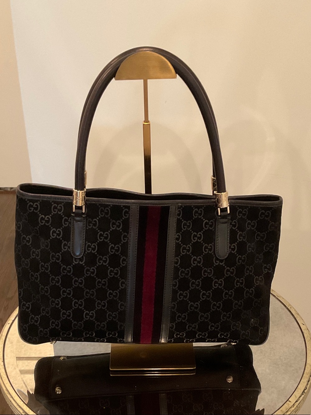 Gucci Black GG Canvas Tote with Red and Burgundy Stripe